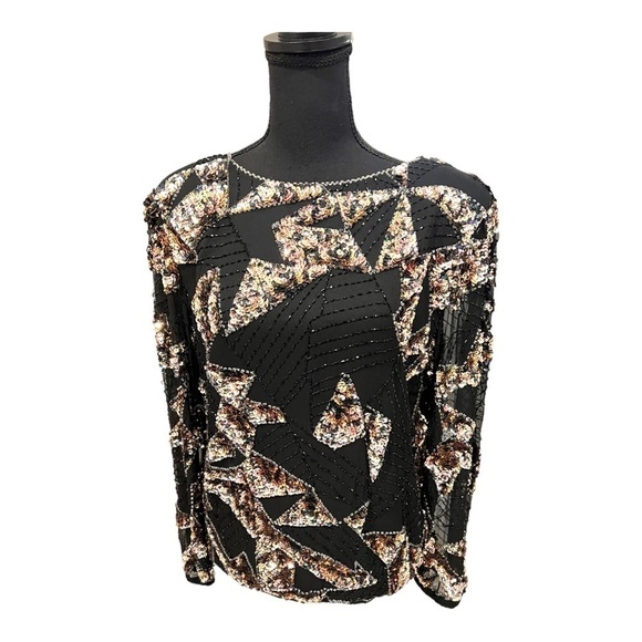 Vtg Oleg Cassini Black silk/rayon Top with Sequin Triangles S - Picture 1 of 13